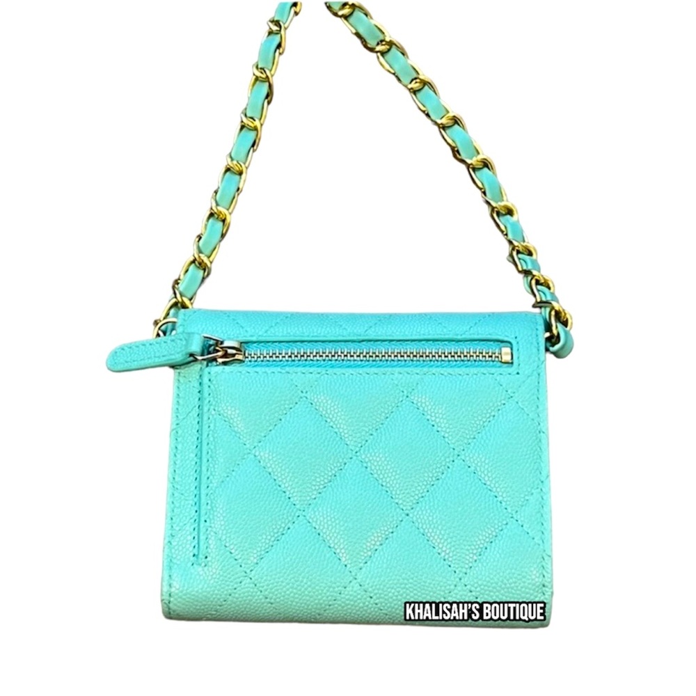 BNIB!! VERY Rare!!! Chanel Wallet LARGE Trifold Tiffany Blue Caviar Belt Waist - Picture 5 of 15